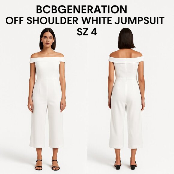 BCBGENERATION OFF SHOULDER WHITE JUMPSUIT SZ 4 - Picture 1 of 10